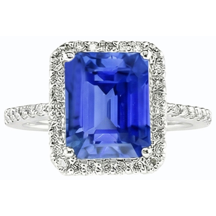 Bague en saphir du Sri Lanka avec halo de diamants et émeraude en or 4.50 carats