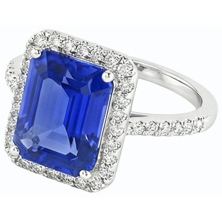 Bague en saphir du Sri Lanka avec halo de diamants et émeraude en or 4.50 carats