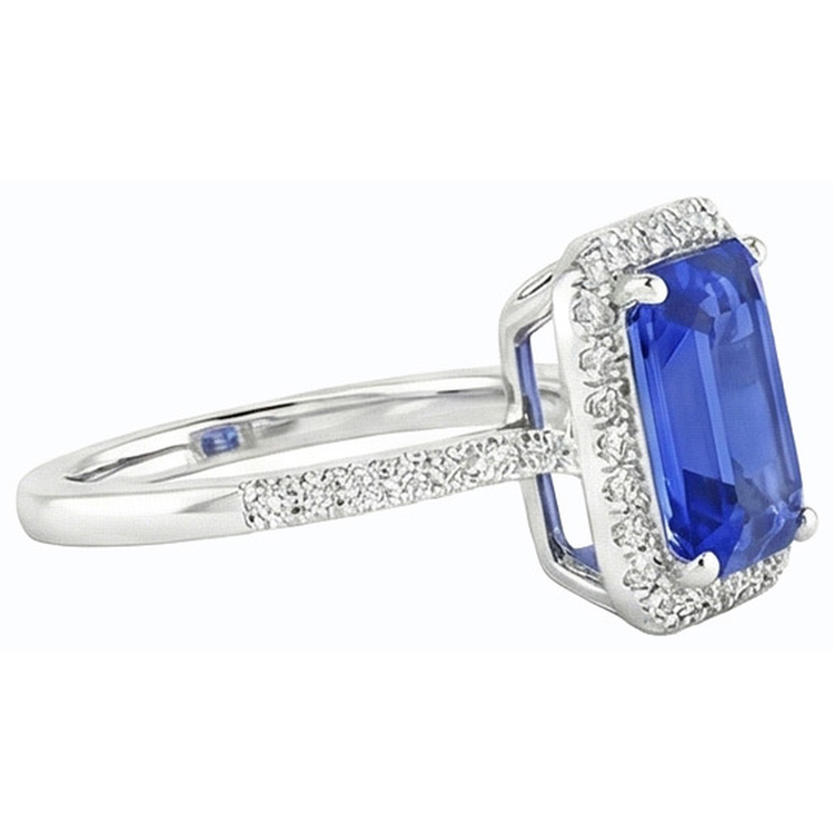 Bague en saphir du Sri Lanka avec halo de diamants et émeraude en or 4.50 carats