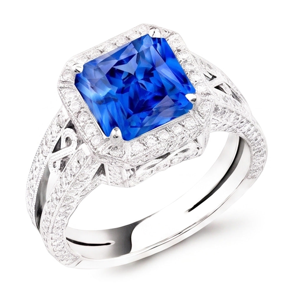 Bague en saphir halo style vintage Srilanka Milgrain 3 carats tige fendue