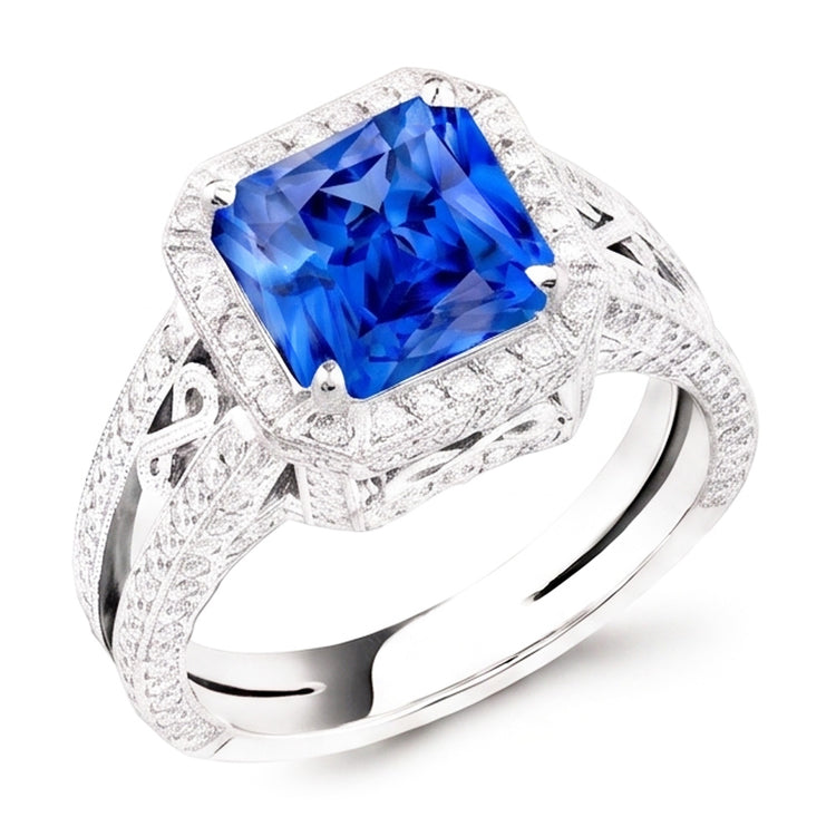 Bague en saphir halo style vintage Srilanka Milgrain 3 carats tige fendue