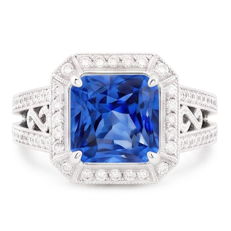 Bague en saphir halo style vintage Srilanka Milgrain 3 carats tige fendue