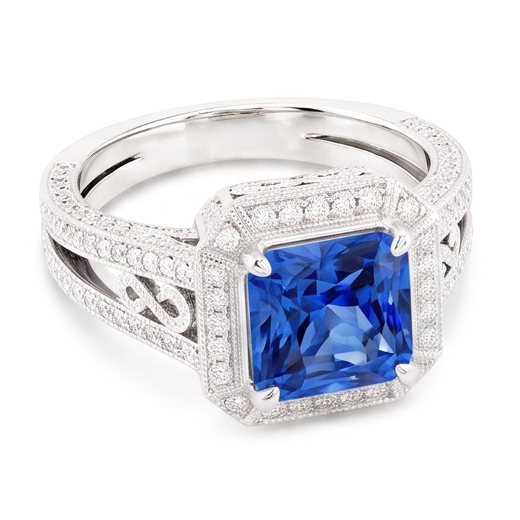 Bague en saphir halo style vintage Srilanka Milgrain 3 carats tige fendue