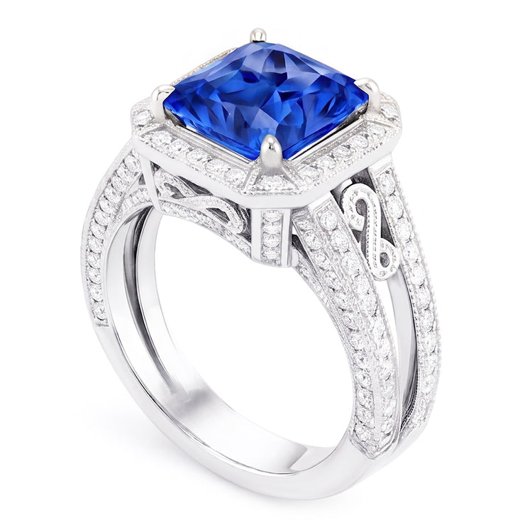 Bague en saphir halo style vintage Srilanka Milgrain 3 carats tige fendue