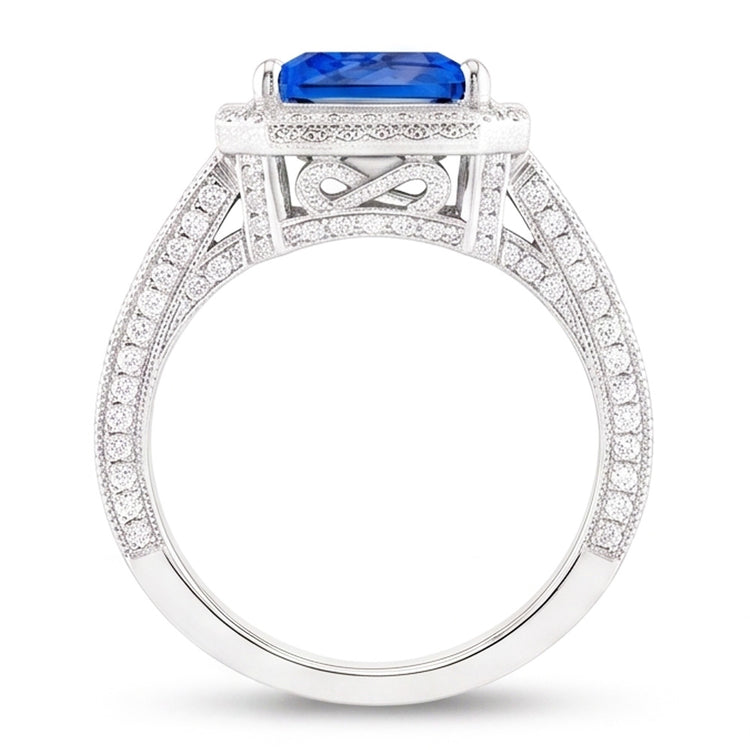 Bague en saphir halo style vintage Srilanka Milgrain 3 carats tige fendue