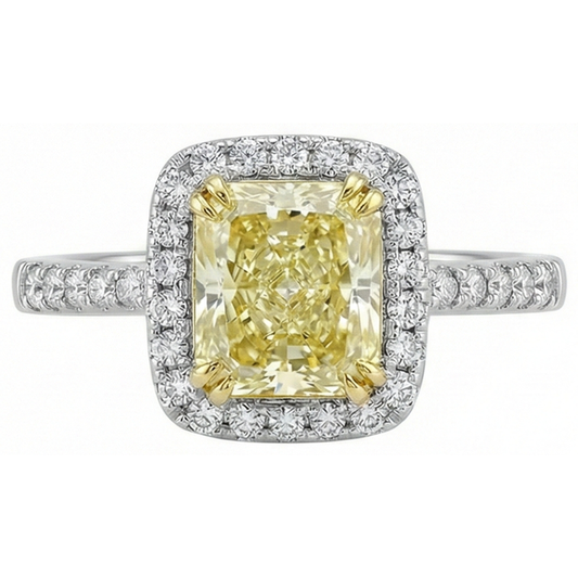 Bague en saphir jaune taille rayonnante avec pierres précieuses en or blanc et diamant 2.5 ct.