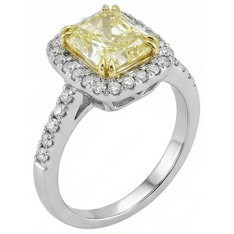 Bague en saphir jaune taille rayonnante avec pierres précieuses en or blanc et diamant 2.5 ct.