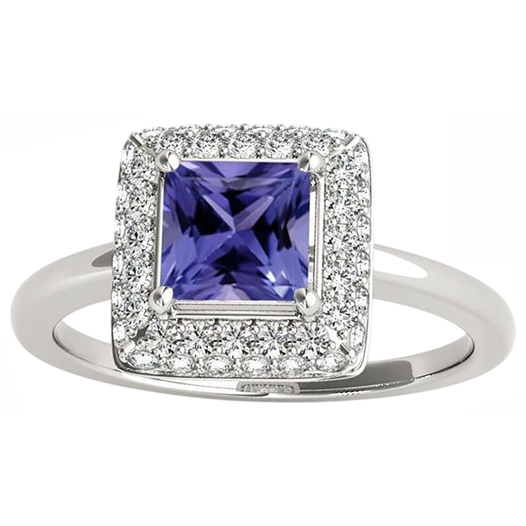 Bague en tanzanite taille princesse de 1.5 ct avec diamants en or blanc