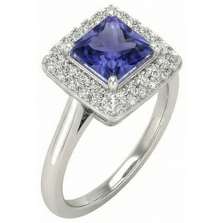 Bague en tanzanite taille princesse de 1.5 ct avec diamants en or blanc