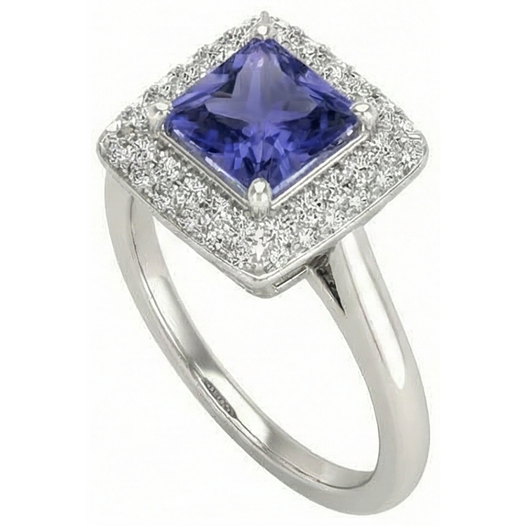 Bague en tanzanite taille princesse de 1.5 ct avec diamants en or blanc