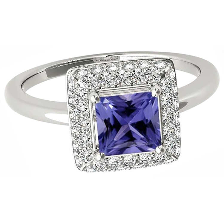Bague en tanzanite taille princesse de 1.5 ct avec diamants en or blanc