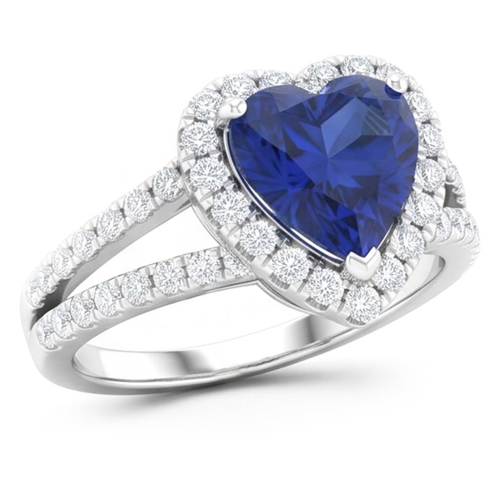 Bague fantaisie en saphir bleu taille coeur de 4.45 ct et diamants en or blanc 14K