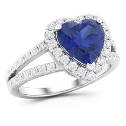Bague fantaisie en saphir bleu taille coeur de 4.45 ct et diamants en or blanc 14K