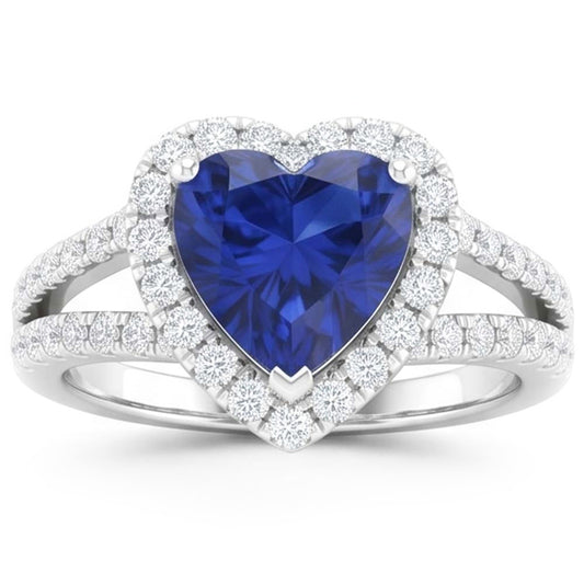 Bague fantaisie en saphir bleu taille coeur de 4.45 ct et diamants en or blanc 14K