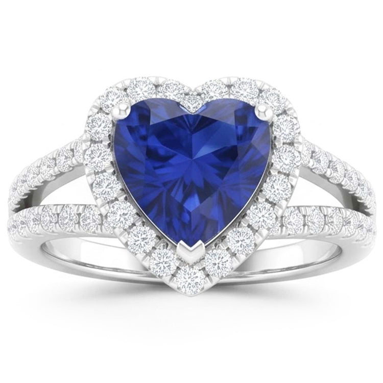 Bague fantaisie en saphir bleu taille coeur de 4.45 ct et diamants en or blanc 14K
