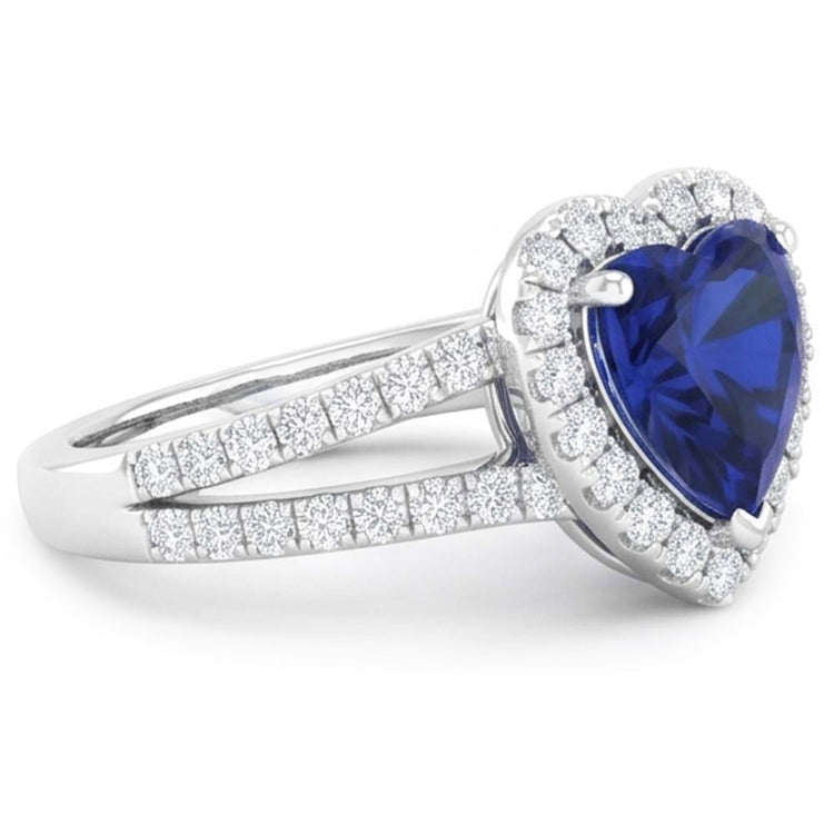 Bague fantaisie en saphir bleu taille coeur de 4.45 ct et diamants en or blanc 14K