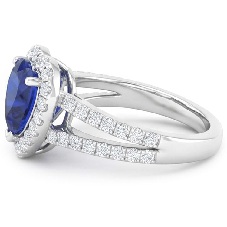 Bague fantaisie en saphir bleu taille coeur de 4.45 ct et diamants en or blanc 14K
