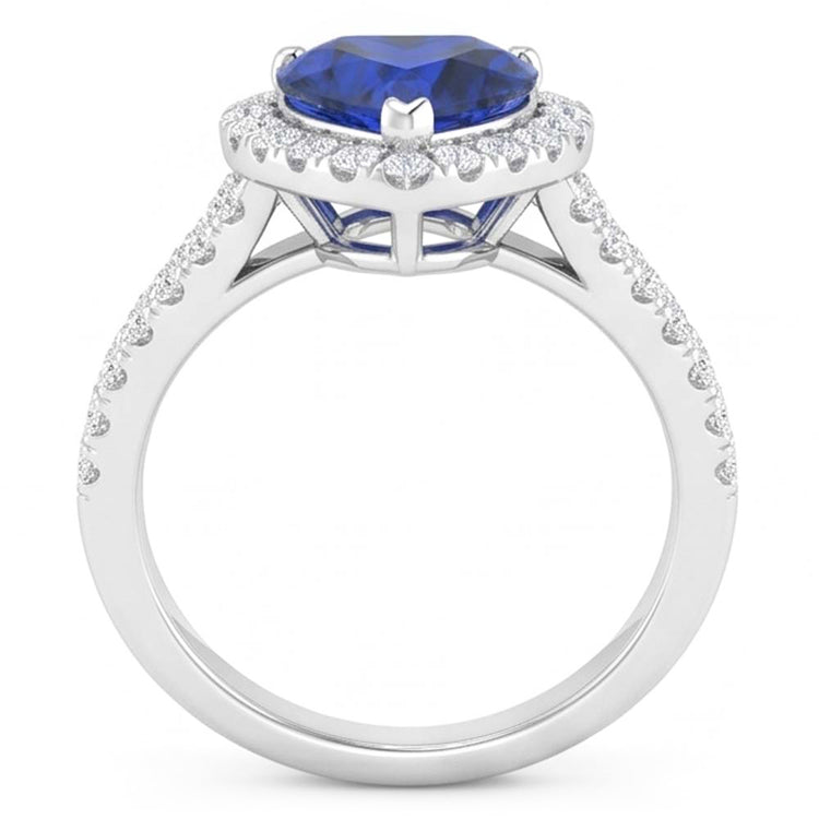 Bague fantaisie en saphir bleu taille coeur de 4.45 ct et diamants en or blanc 14K