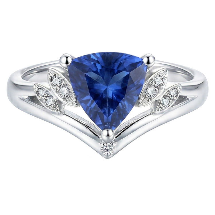 Bague fantaisie pierre précieuse saphir 2 carats taille trillion bijoux en or 14 carats