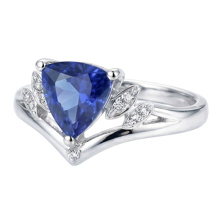 Bague fantaisie pierre précieuse saphir 2 carats taille trillion bijoux en or 14 carats