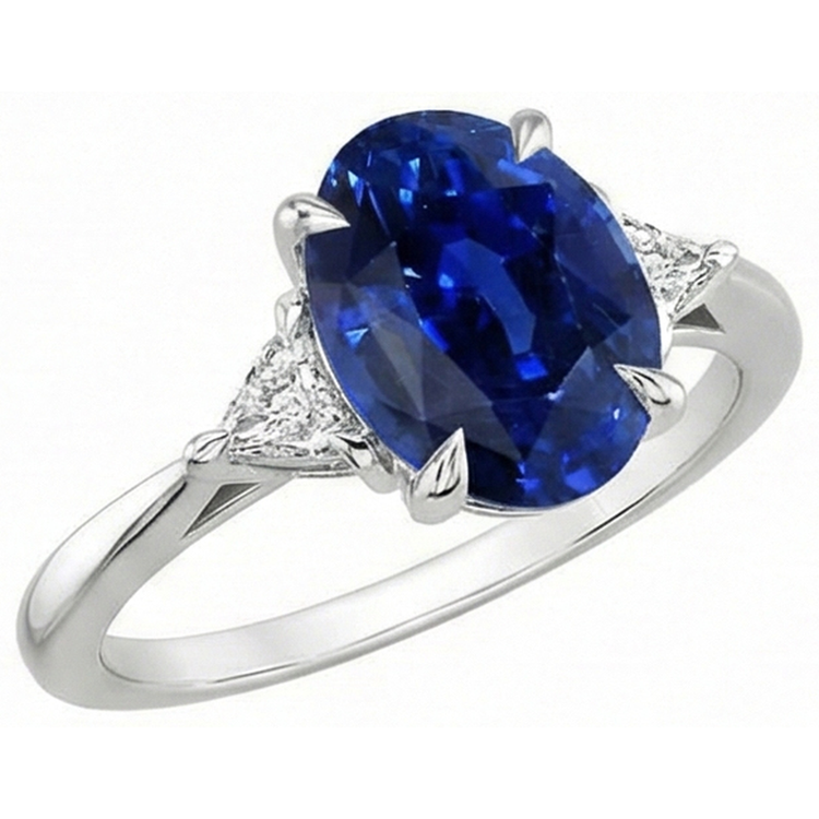 Bague femme 3 carats saphir bleu ovale et diamant taille trillion 3 carats