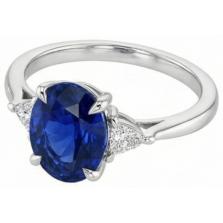 Bague femme 3 carats saphir bleu ovale et diamant taille trillion 3 carats