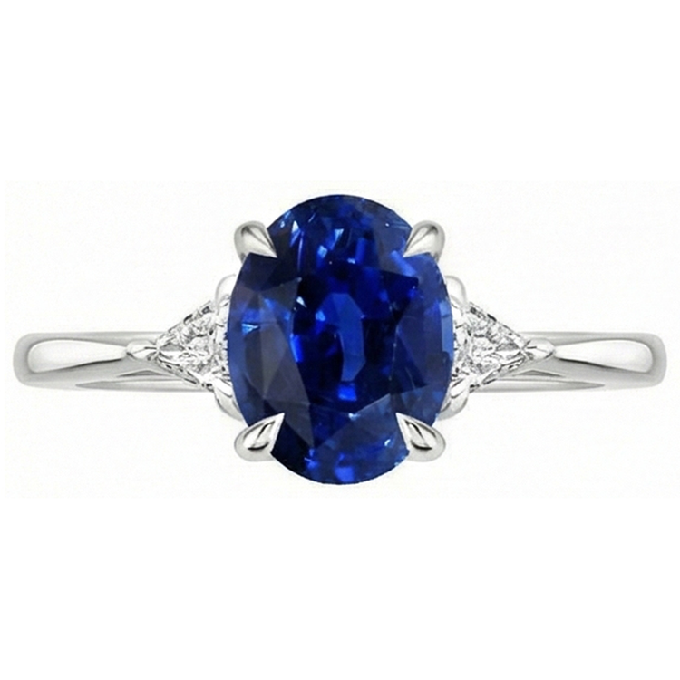 Bague femme 3 carats saphir bleu ovale et diamant taille trillion 3 carats