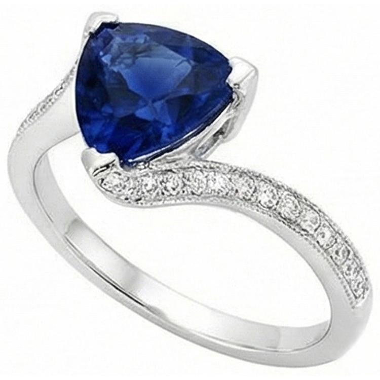 Bague femme diamant trillion saphir bleu profond 2.50 carats tige fendue
