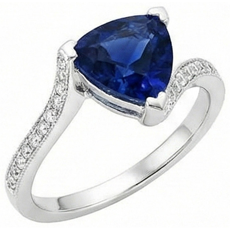 Bague femme diamant trillion saphir bleu profond 2.50 carats tige fendue