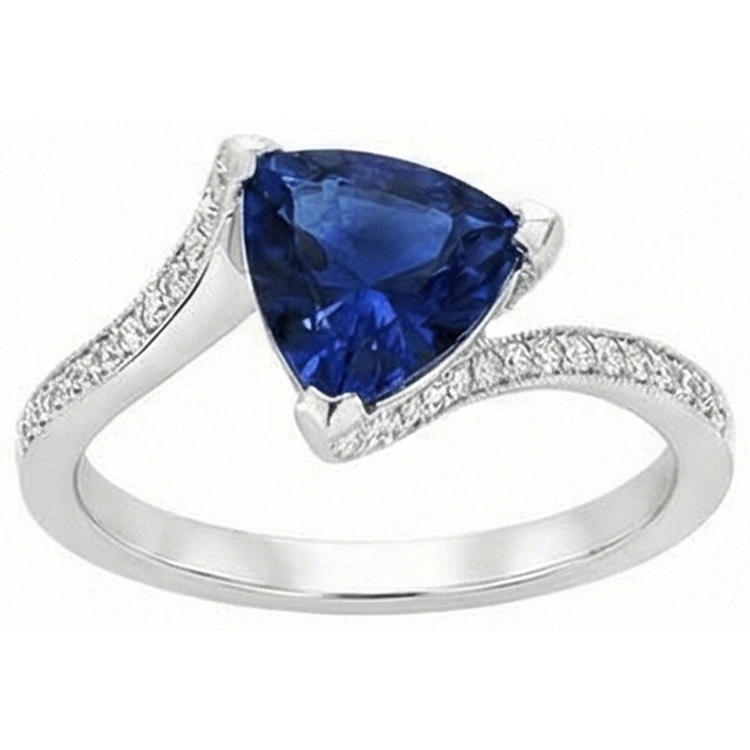Bague femme diamant trillion saphir bleu profond 2.50 carats tige fendue