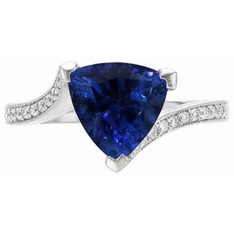 Bague femme diamant trillion saphir bleu profond 2.50 carats tige fendue