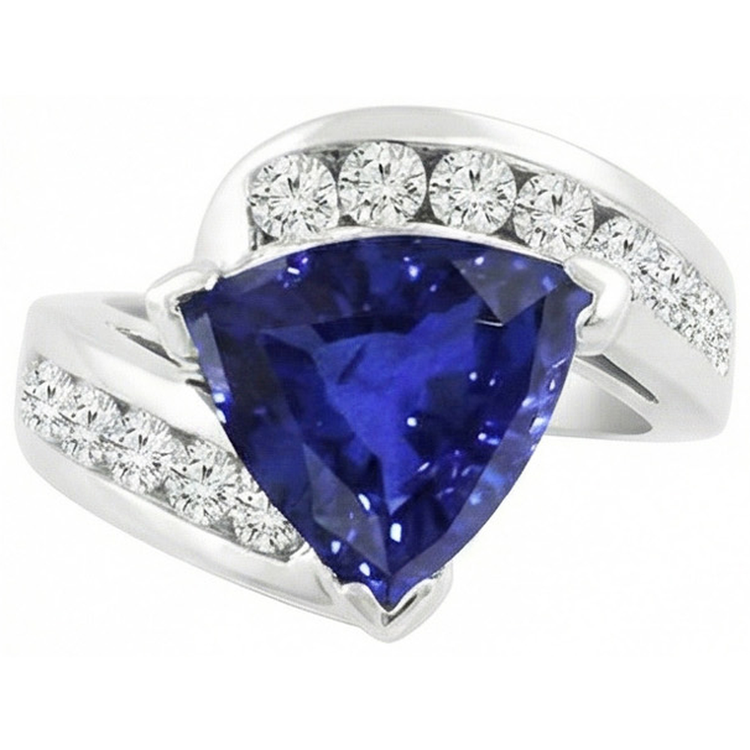 Bague femme fantaisie trillion saphir rond serti de diamants 4 carats