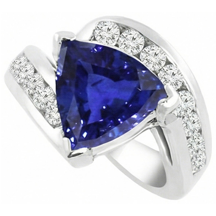 Bague femme fantaisie trillion saphir rond serti de diamants 4 carats