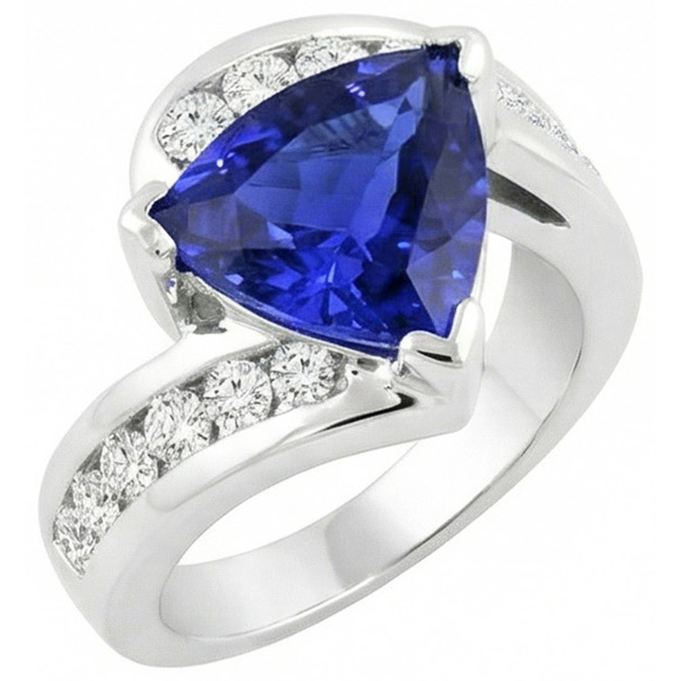 Bague femme fantaisie trillion saphir rond serti de diamants 4 carats