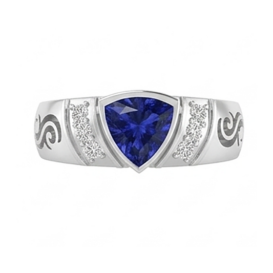 Bague homme diamant noir sertie lunette saphir bleu style antique 1,90 ct