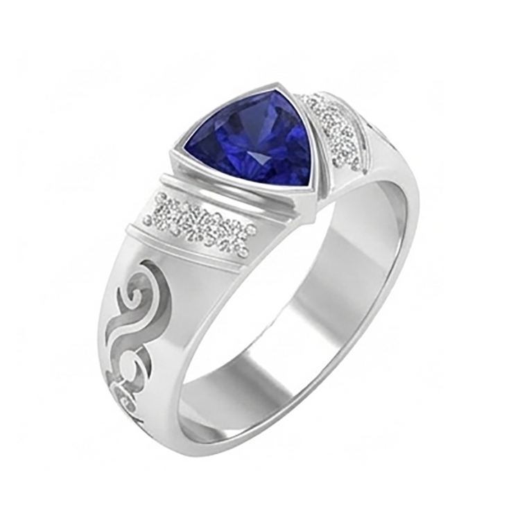 Bague homme diamant noir sertie lunette saphir bleu style antique 1,90 ct