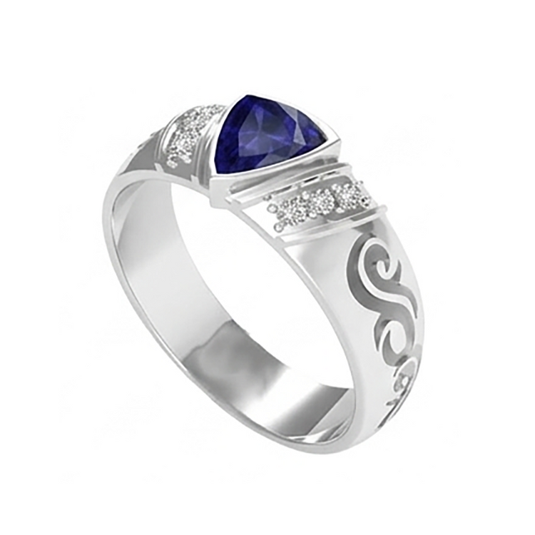 Bague homme diamant noir sertie lunette saphir bleu style antique 1,90 ct