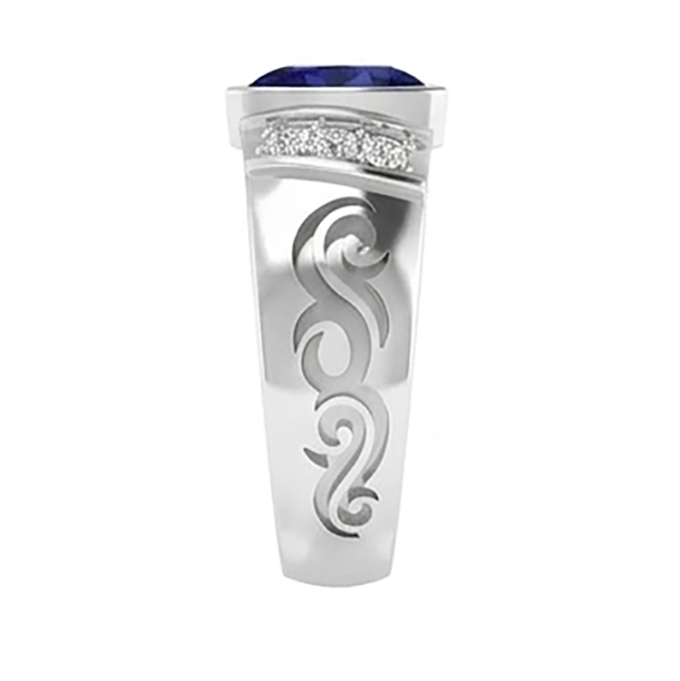 Bague homme diamant noir sertie lunette saphir bleu style antique 1,90 ct