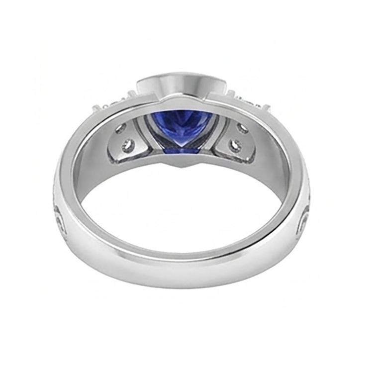 Bague homme diamant noir sertie lunette saphir bleu style antique 1,90 ct