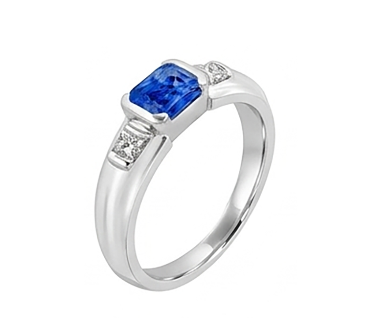 Bague homme pierre gemme princesse diamant barre d'or sertie saphir bleu 1,75 ct
