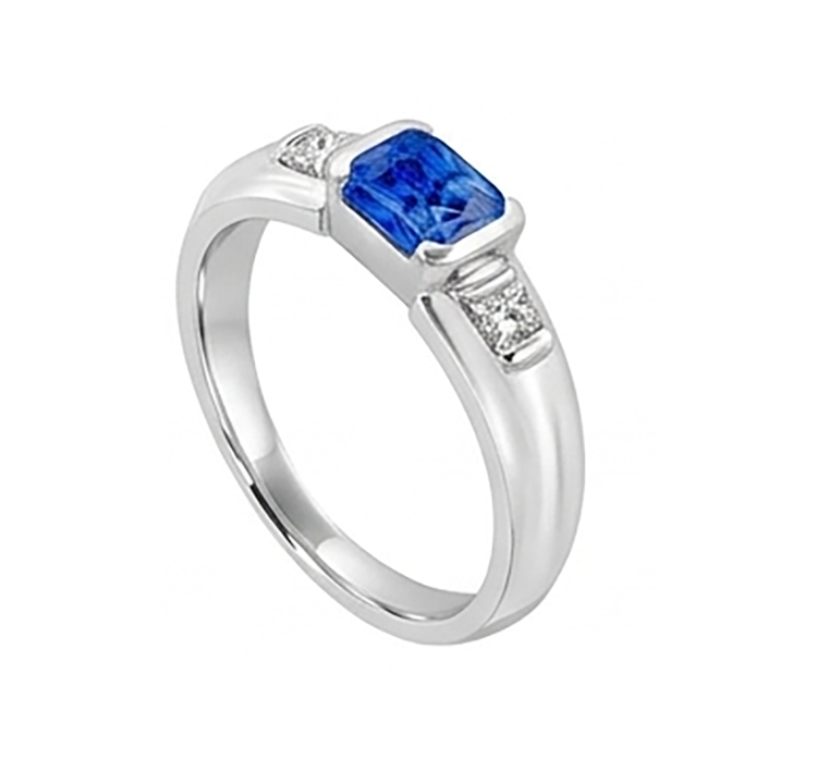 Bague homme pierre gemme princesse diamant barre d'or sertie saphir bleu 1,75 ct