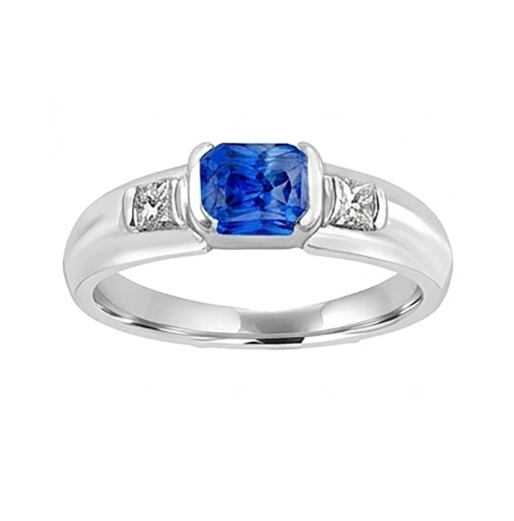 Bague homme pierre gemme princesse diamant barre d'or sertie saphir bleu 1,75 ct