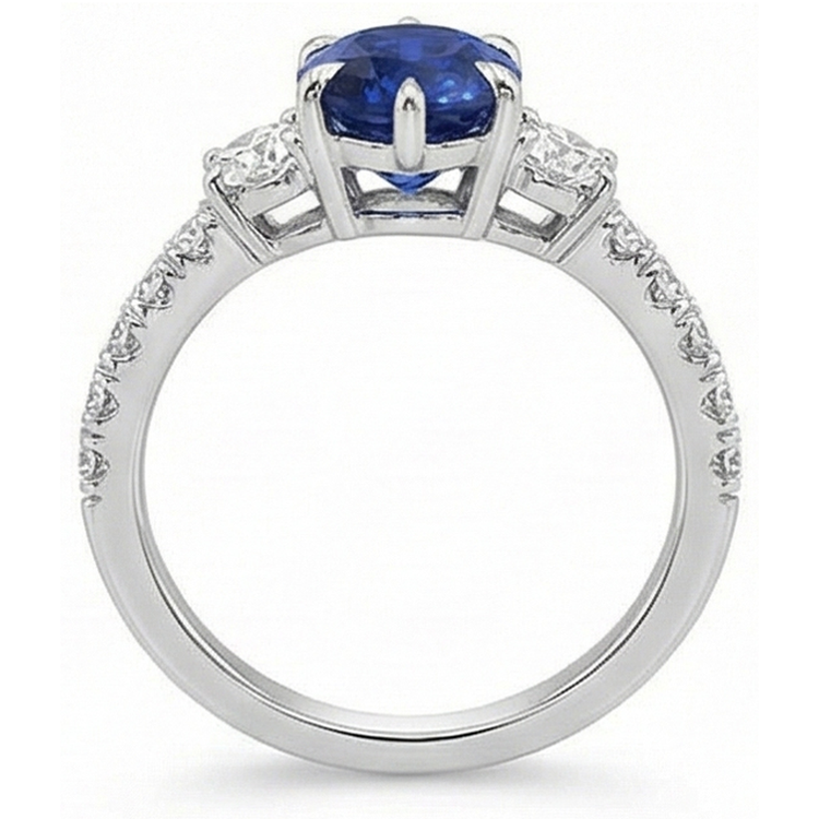 Bague or anniversaire solitaire saphir bleu avec accents 4.50 carats