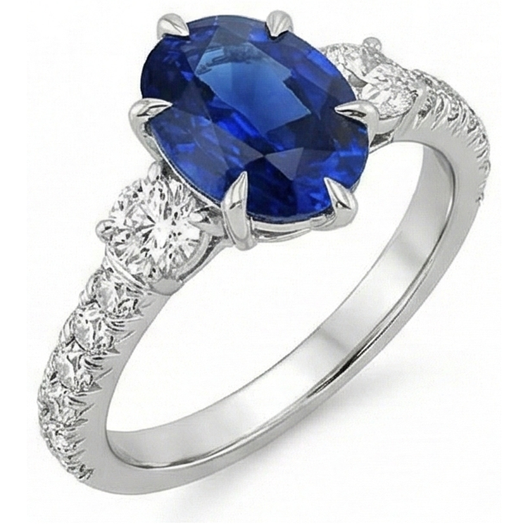 Bague or anniversaire solitaire saphir bleu avec accents 4.50 carats