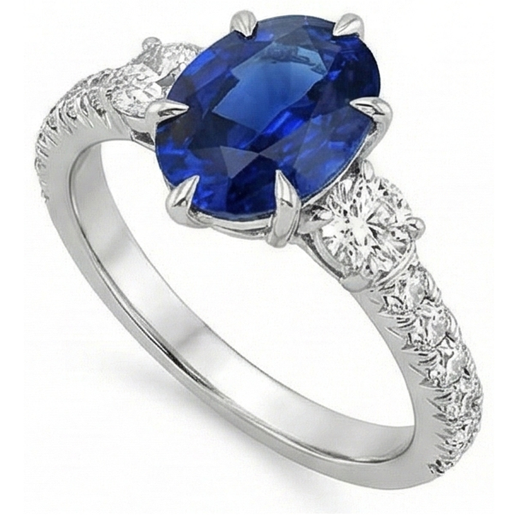 Bague or anniversaire solitaire saphir bleu avec accents 4.50 carats