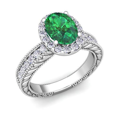 Bague ovale avec diamant émeraude Vert 3.50 carats en or blanc 14 carats