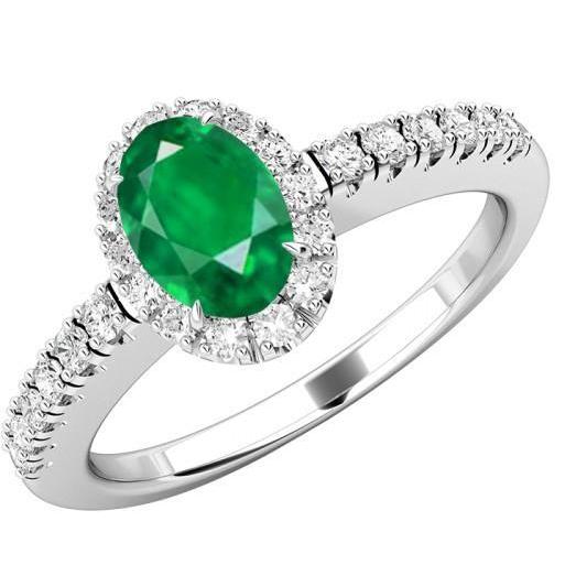 Bague ovale émeraude Vert et diamant rond 3.65 carats avec pierres précieuses or blanc 14K