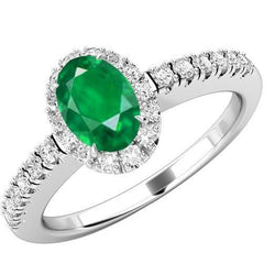 Bague ovale émeraude Vert et diamant rond 3.65 carats avec pierres précieuses or blanc 14K
