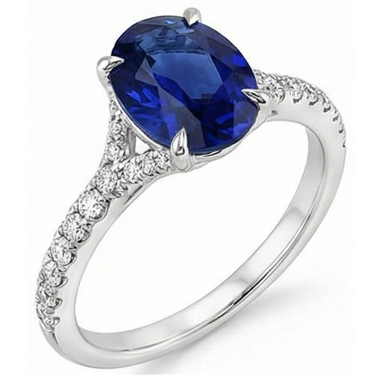 Bague ovale en pierre précieuse saphir bleu profond avec des bijoux d'accents 3.75 carats