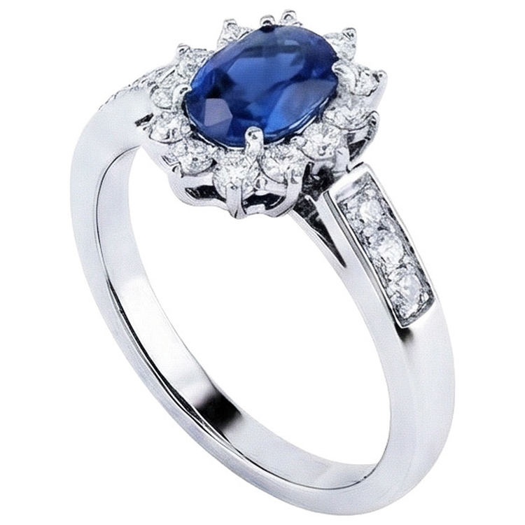 Bague ovale en saphir de Ceylan et diamants Coupe Ronde 2.50 Ct